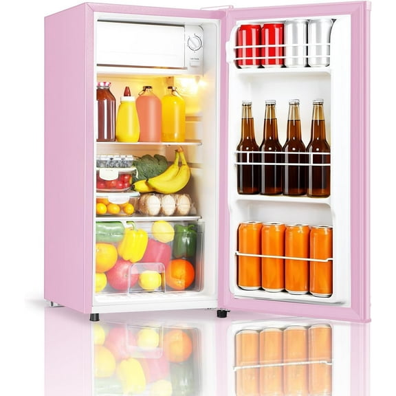Mini Fridge with Freezer, Single Door 3.1 Cu.Ft, Compact Mini Refrigerator, LED Light, Adjustable Thermostat, Removable Glass Shelves, Small Refrigerator for Dorm/Office/Bedroom(Pink)