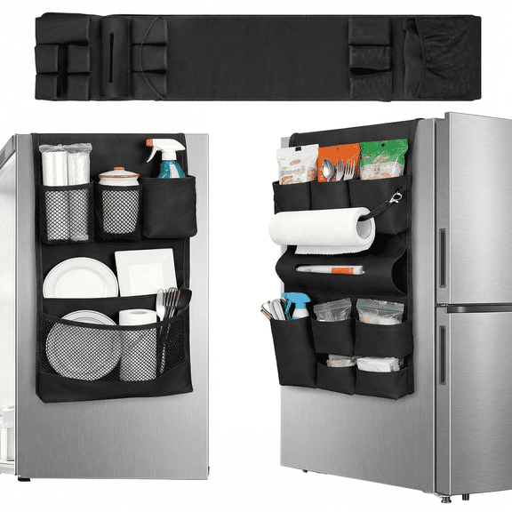 Mini Fridge Organizer and Dust Cover with 14 Pockets, Over-The-Fridge Hanging Storage Caddy for Dorm and Office, Black