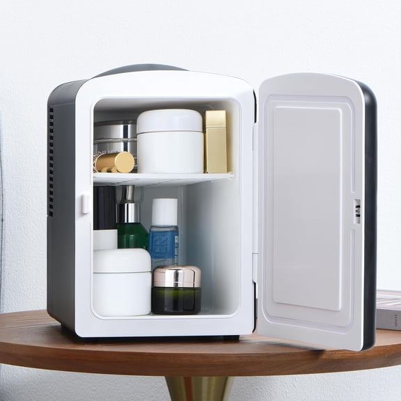 Mini Fridge, Retro 4Liter /6 Cans Tiny Fridge, AC Plug & 12V Car Charger Skincare Fridge, Compact & Portable 4A Cooling Small Refrigerator for Bedroom, Car, Office, Dorm, Gift - Black