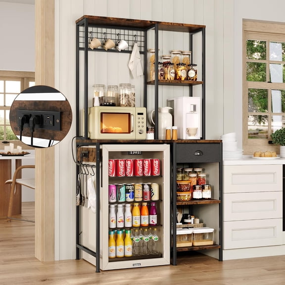 Over Mini Fridge Shelf with Power Outlet, 3-Tier Bakers Rack & Appliance Organizer for Microwave and Coffee Maker, Featuring Adjustable Shelves, Storage Drawer, 8 S-Hooks