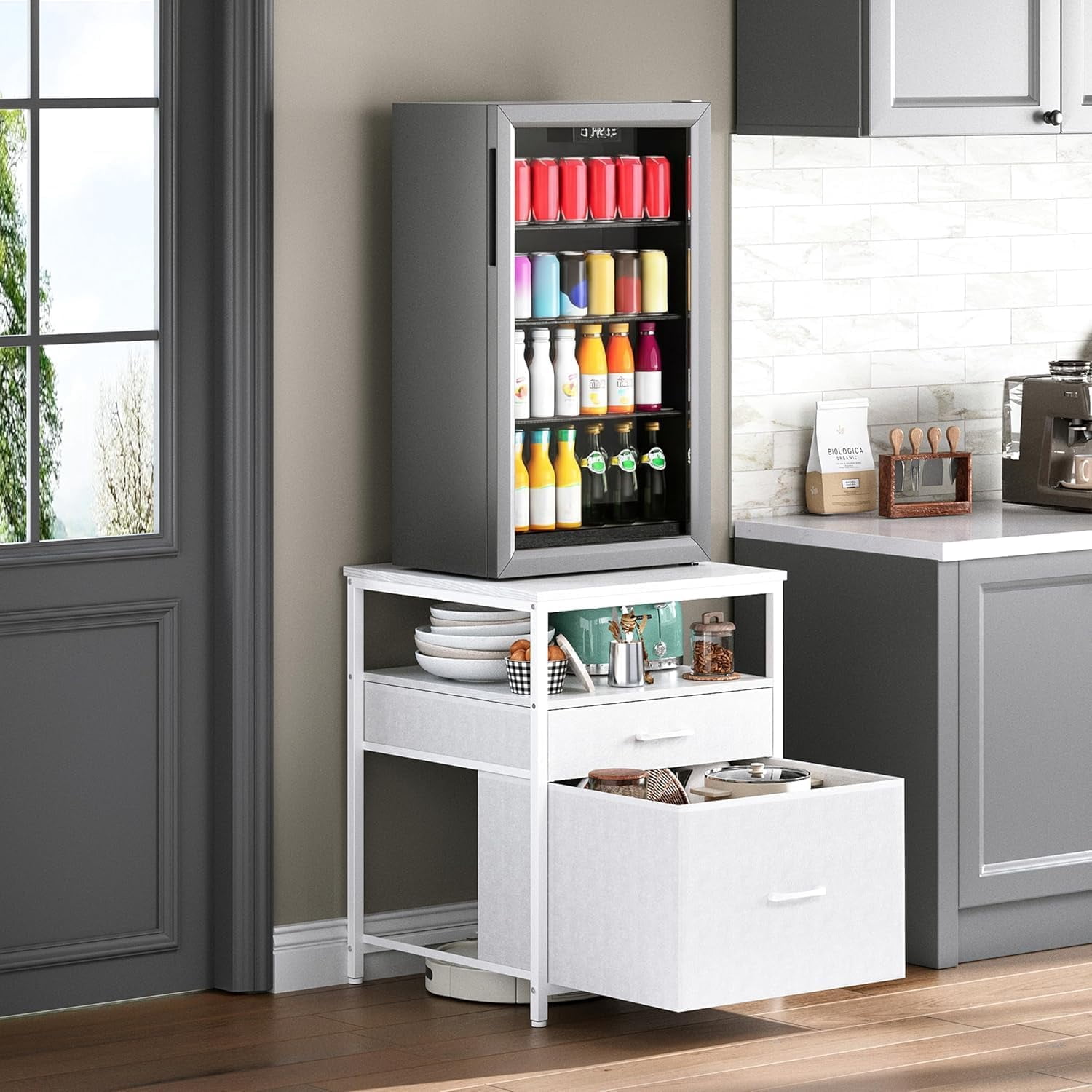 Mini Fridge Stand with 3 Storage, Mini Fridge Cabinet, Beverage Fridge Table, Heavy Duty 18.11" L* 18.11" W Tabletop, for Dorm, Apartment,Office, Bedroom