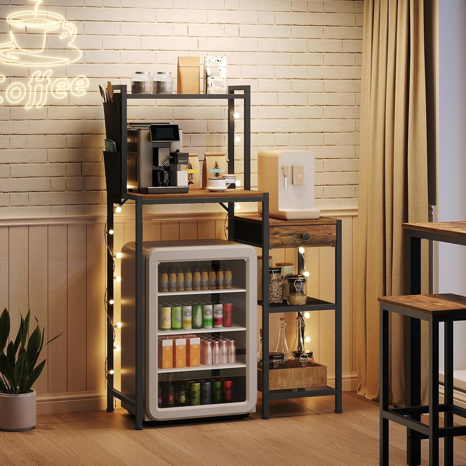 Mini Fridge Stand, Bakers Rack with Storage, 6-Tier Mini Fridge Cabinet, Coffee Bar Station with 1 Drawer, Microwave Stand for Kitchen, Dining Room, Rustic Brown and Black RSHR5401