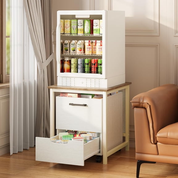 Mini Fridge Stand with Freestanding Movable Cabinet & Lockable Wheels, 2 in 1 Multi-funtional Storage Cabinet with Drawer, Perfect Refrigerator Stand for Mini Fridge, 19.6" x 21.3" x 22"
