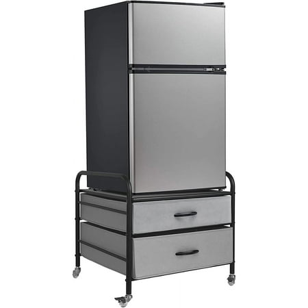 Mini Fridge Stand, Fridge Stand with Storage, 2 Drawer Fridge Cart, Organizer Unit for Mini Fridge, Fridge Stand with Metal Frame and Fabric Drawers, Mini Fridge Table with 4 Swivel Wheels