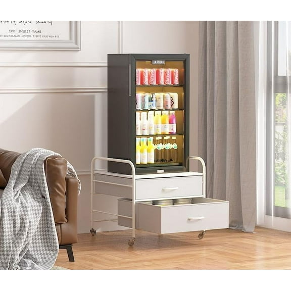 Mini Fridge Stand, Fridge Stand with Storage, 2 Drawer Fridge Cart, Organizer Unit for Mini Fridge, Fridge Stand Table, Mini Fridge Table with Swivel Wheels,White