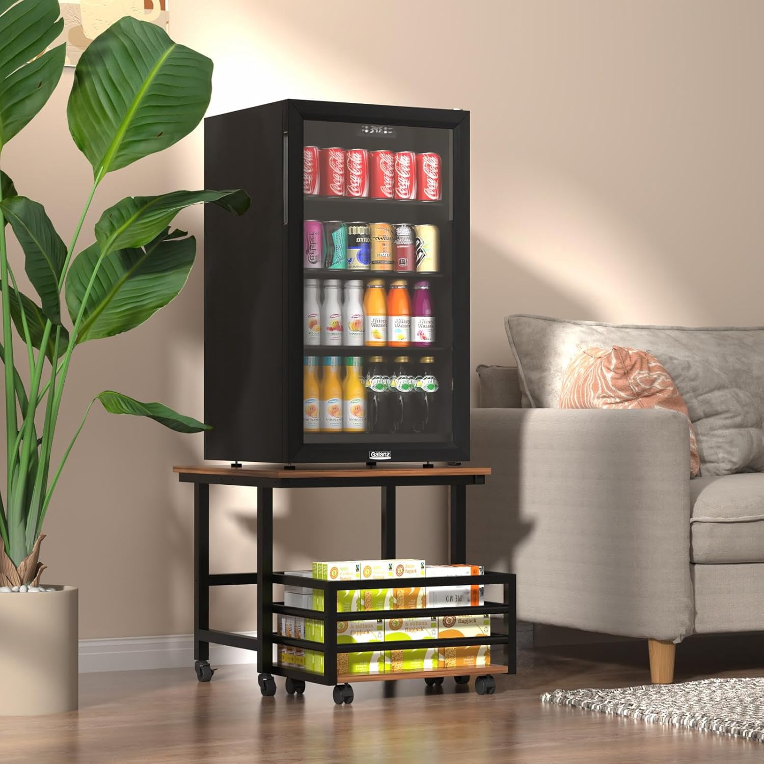 Mini Fridge Stand with Pull-Out Basket, 19.7" x 19.7" Large Tabletop Heavy Duty Stand with Adjustable Feet & Wheels, for Kitchen, Dorm, Office, Rustic Brown and Black