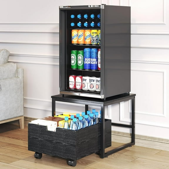 Mini Fridge Stand with Storage, 19" L x 19.5" W Refrigerator Stand Table Shelf with Lockable Mobile Wheel, Beverage Compact Fridge Cabinet with Drawers, Fit for Dorm, Apartment, Office