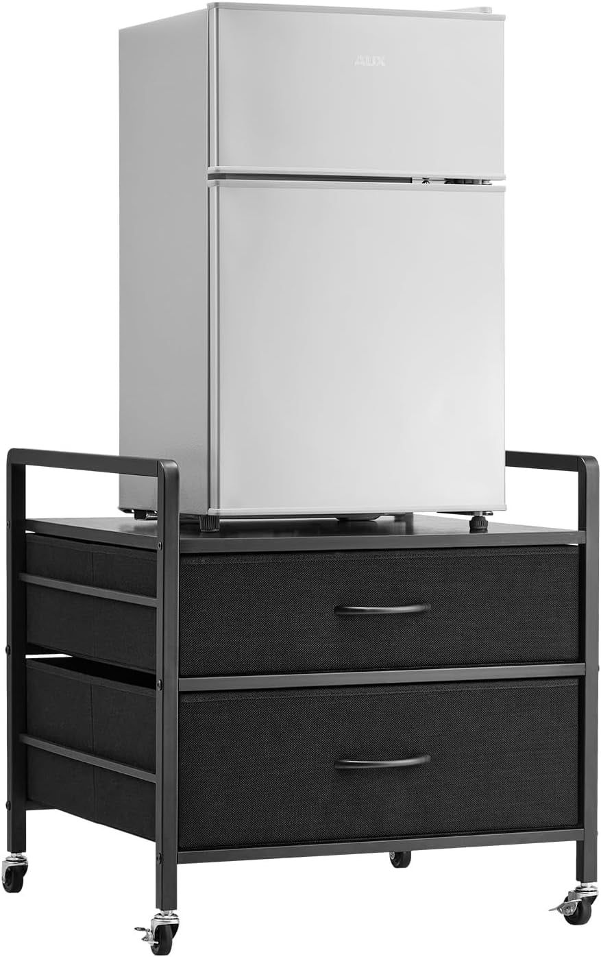 Mini Fridge Stand with Storage, 198 lbs Mini Fridge Table with Movable Storage Cart & Swivel Wheels, Beverage Refrigerator Stand for Coffee Bar, Mini Fridge Organizer for Home Dorm, Dark Brown