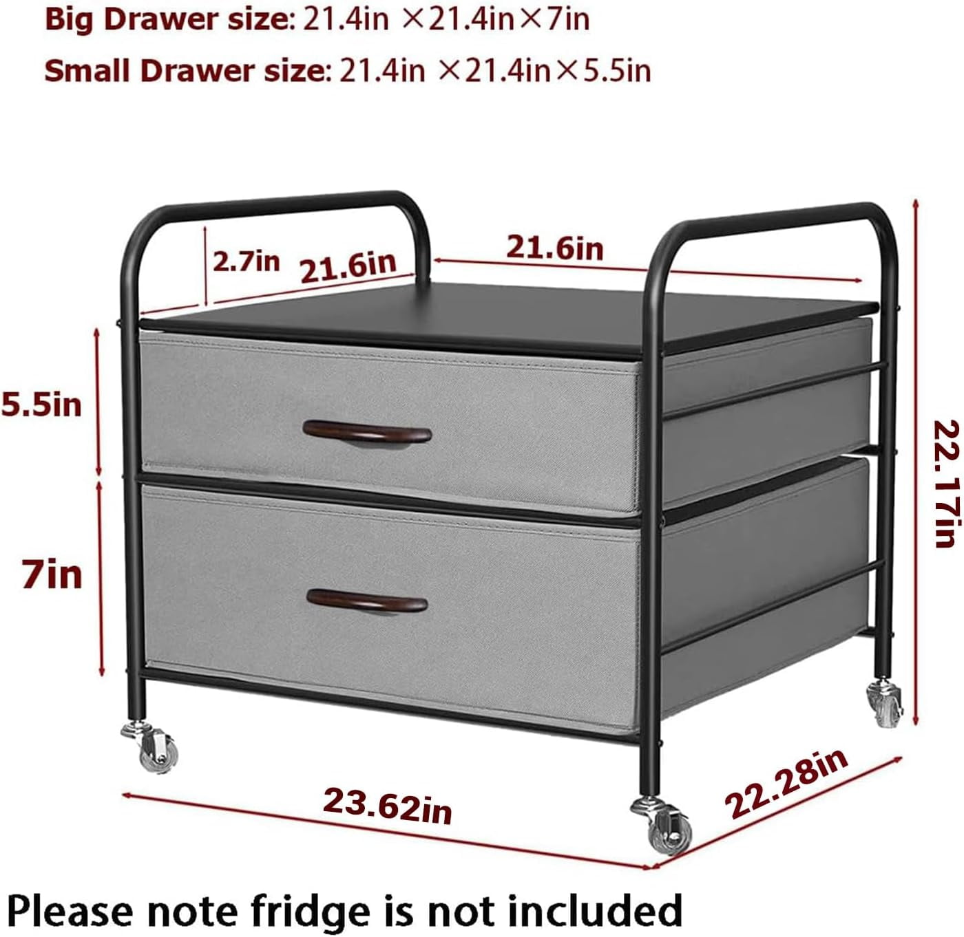 Mini Fridge Stand with Storage, 2 Drawer Fridge Cart Organizer Unit for Kitchen, Metal Frame and Fabric Drawers, Mobile Fridge Table with 4 Swivel Wheels