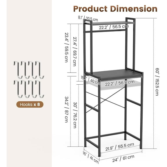 Mini Fridge Stand with Storage, 2-Tier Kitchen Microwave Stand with Storage Mini Fridge Shelf Height Adjustable Bakers Rack with 8 Hooks for Dorm, Living Room, Offices, Black