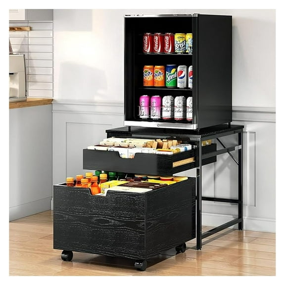 Mini Fridge Stand with Storage Drawer, 21.5" L x 21.5" W Refrigerator Stand with Lockable Wheel, Beverage Compact Refrigerator Stand Storage Cabinet, 300 lb Load Capacity, Fridge Table