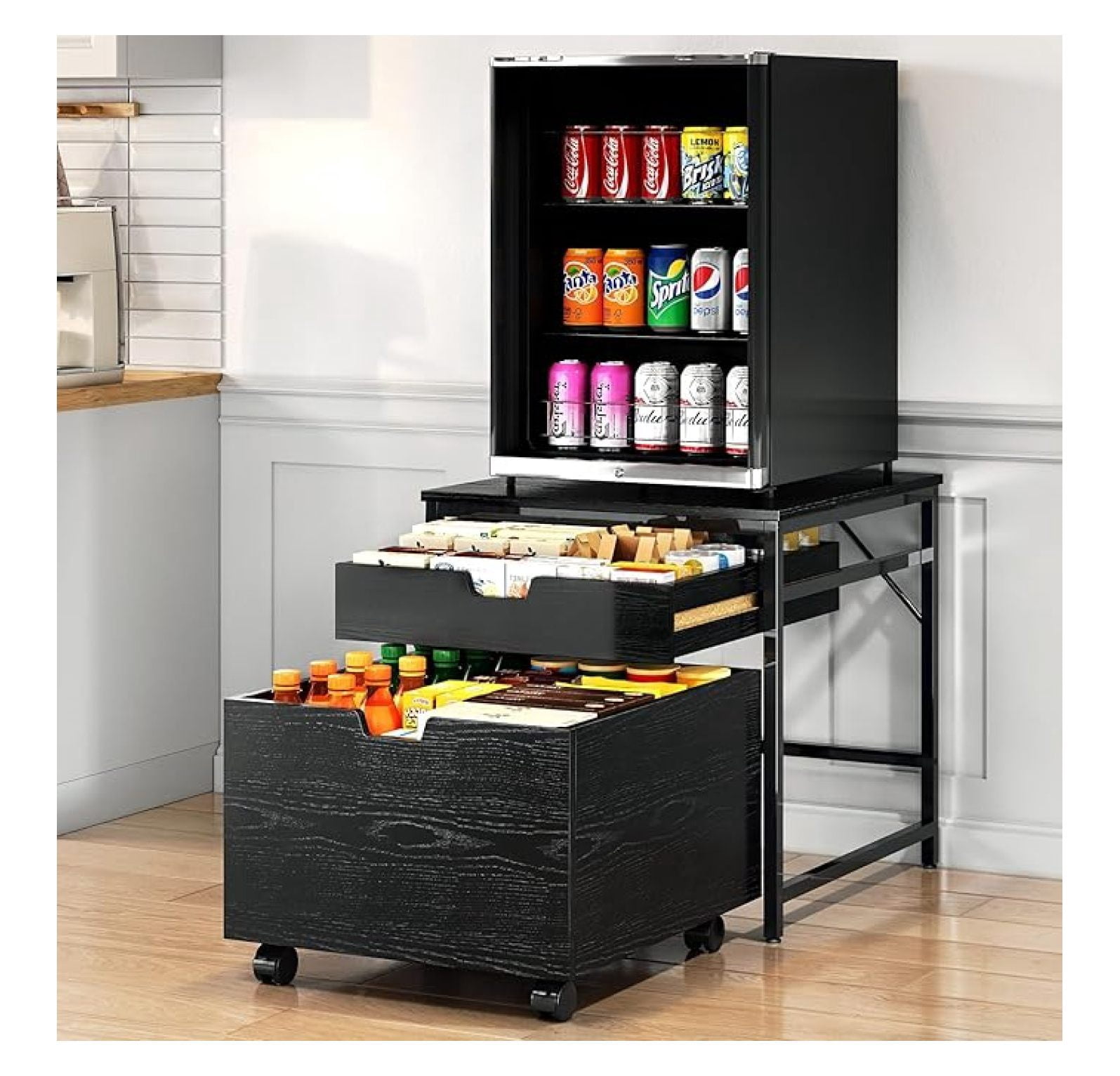 Mini Fridge Stand with Storage Drawer, 21.5" L x 21.5" W Refrigerator Stand with Lockable Wheel, Beverage Compact Refrigerator Stand Storage Cabinet,300 lb Load Capacity, Fridge Table