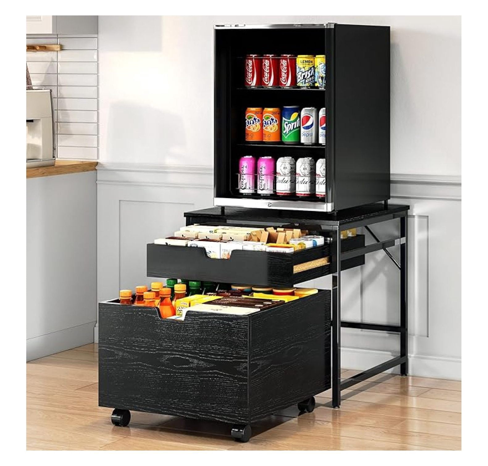 Mini Fridge Stand with Storage Drawer, 21.5" L x 21.5" W Refrigerator Stand with Lockable Wheel, Beverage Compact Refrigerator Stand Storage Cabinet,300 lb Load Capacity, Fridge Table