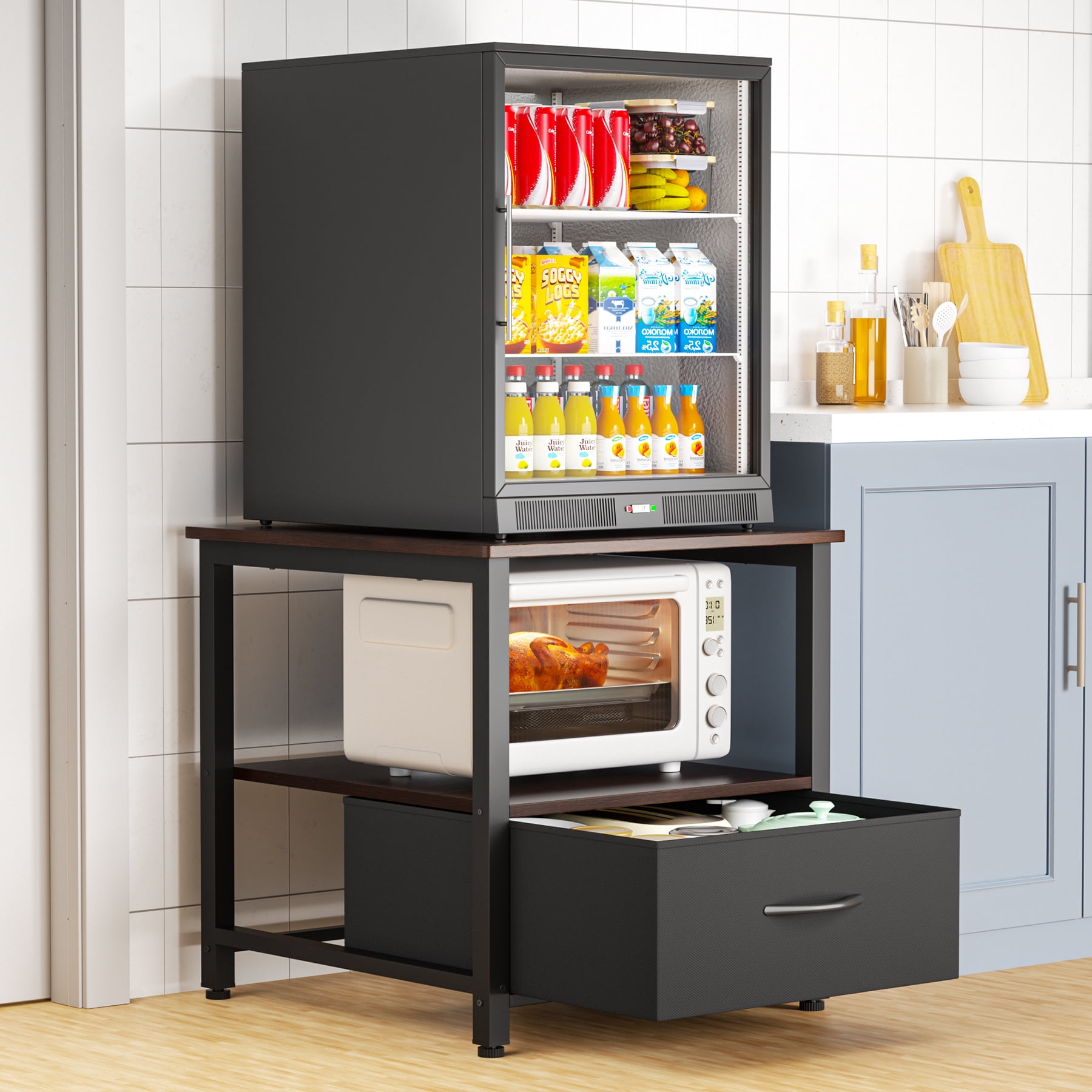 Mini Fridge Stand with Storage, Heavy Duty Mini Fridge Cabinet with Fabric Drawer, Wood Beverage Refrigerator Stand Table for Dorm, Office, Bedroom, Load 220LBS, Black Walnut