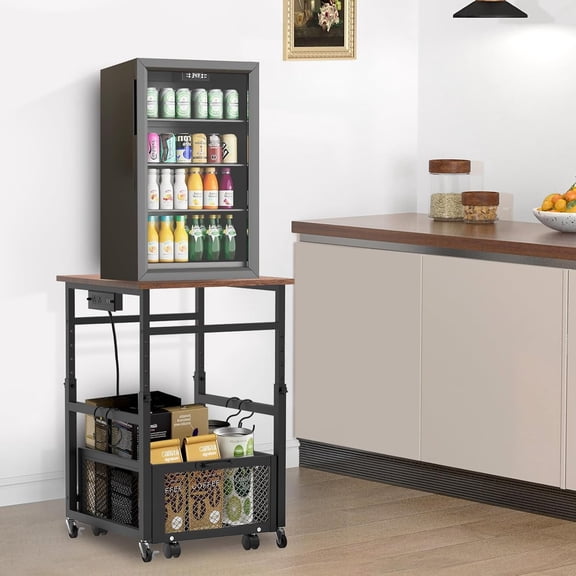 Mini Fridge Stand with Storage, Height Adjustable Small Refrigerator Stand with Wheels, Charging Station, Sturdy End Table for Microwave Oven Printer, Organizer Shelf for Dorm, Apartment,