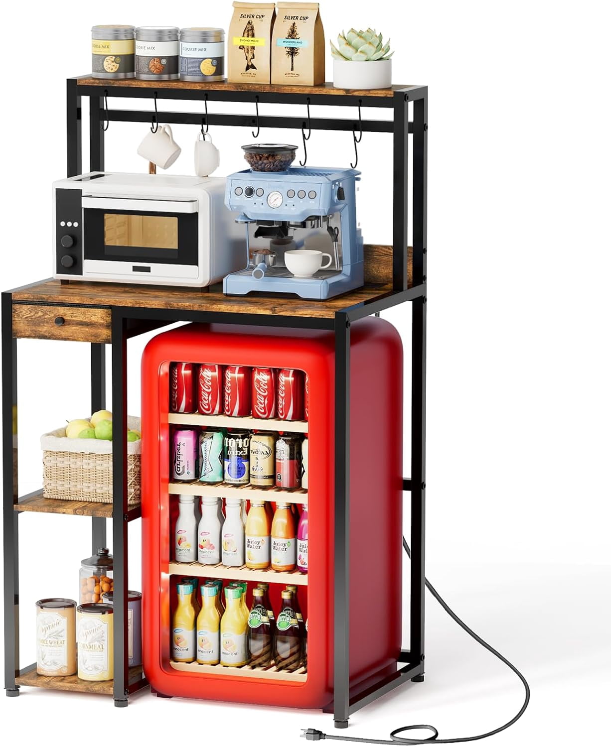 Mini Fridge Stand with Storage - Microwave Stand and Mini Fridge Cabinet with Storage Bakers Rack with Power Outlet for Coffee Bar Kitchen Dorm Office, Rustic Brown