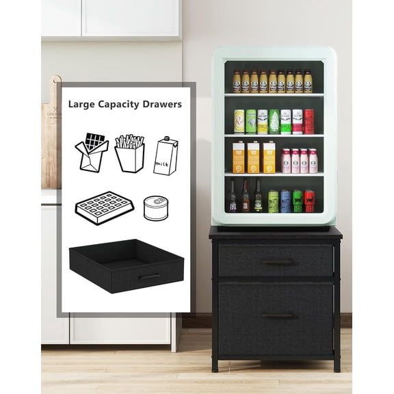Mini Fridge Stand with Storage, Mini Fridge Cabinet with Fabric drawers, 250lbs Heavy-Duty Compact Refrigerator Table, Coffee Bar Shelf, for Home, Office, Bedroom, Black HBR008B