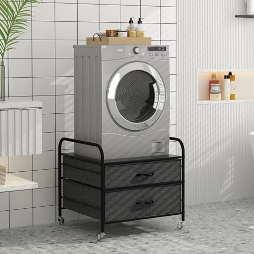 Mini Fridge Stand with Storage, Mini Fridge Stand, 2 Drawer Dorm Fridge Cart, Organizer Unit for Mini Fridge, Fridge Stand Table, Mini Fridge Table with Swivel Wheels, Black