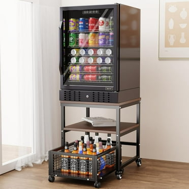 Mini Fridge Stand with Storage, Mini Fridge Table with 4 Lockable Wheels, Heavy Duty mini fridge shelf with 2-Tire shlves, Beverage Refrigerator Stand for Home, Dorm, Office, Bedroom