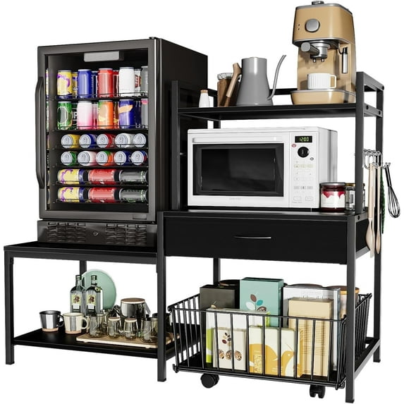 Mini Fridge Stand with Storage, ETASE Microwave Stand with Power Outlet, Mini Refrigerator Stand with Movable Storage Basket, Heavy Duty Baker's Rack for Dorm Home(Black)