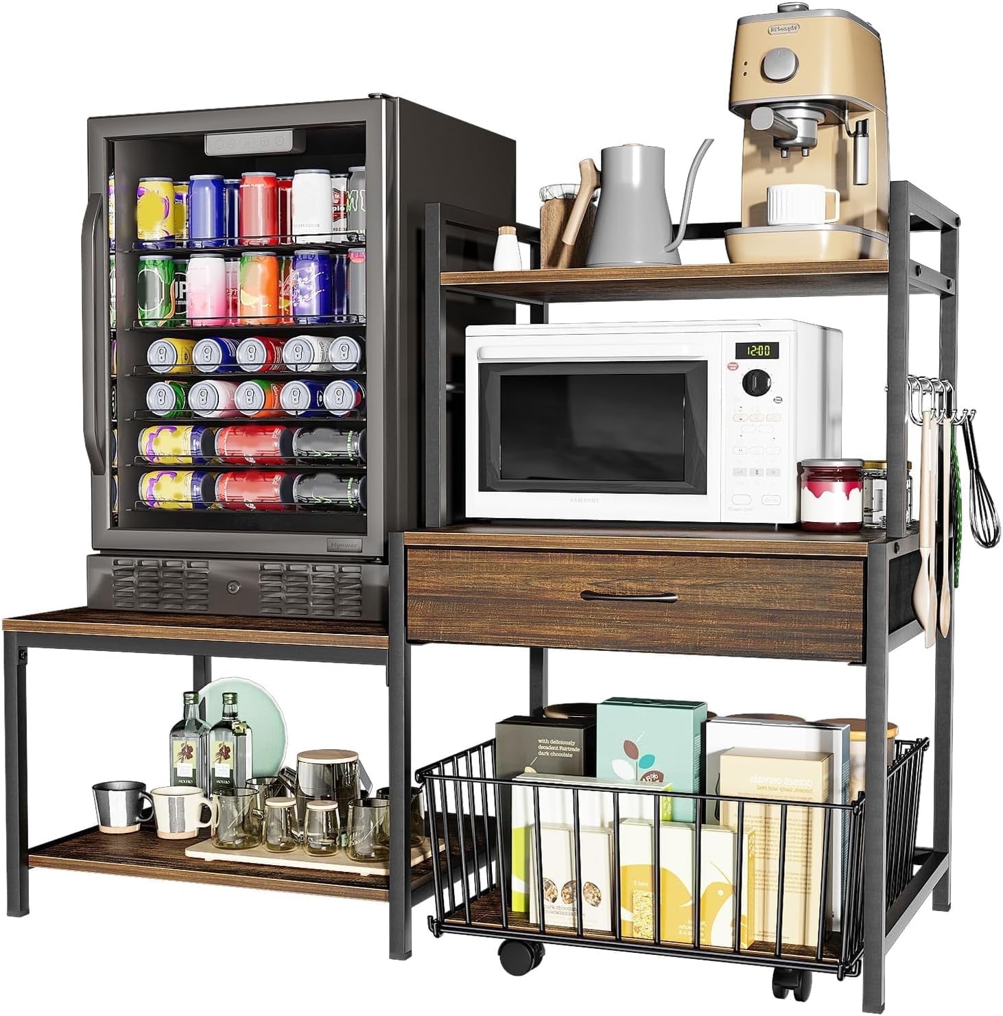Mini Fridge Stand with Storage, ETASE Microwave Stand with Power Outlet, Mini Refrigerator Stand with Movable Storage Basket for Dorm Home(Brown)