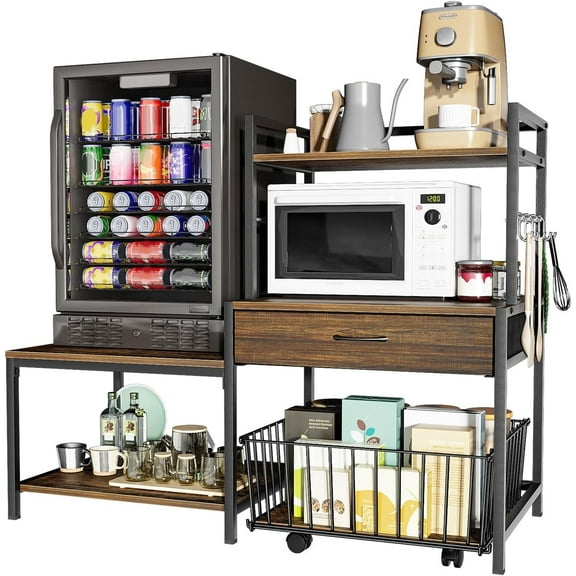 Mini Fridge Stand with Storage, ETASE Microwave Stand with Power Outlet, Mini Refrigerator Stand with Movable Storage Basket, Heavy Duty Baker's Rack for Dorm Home(Brown)