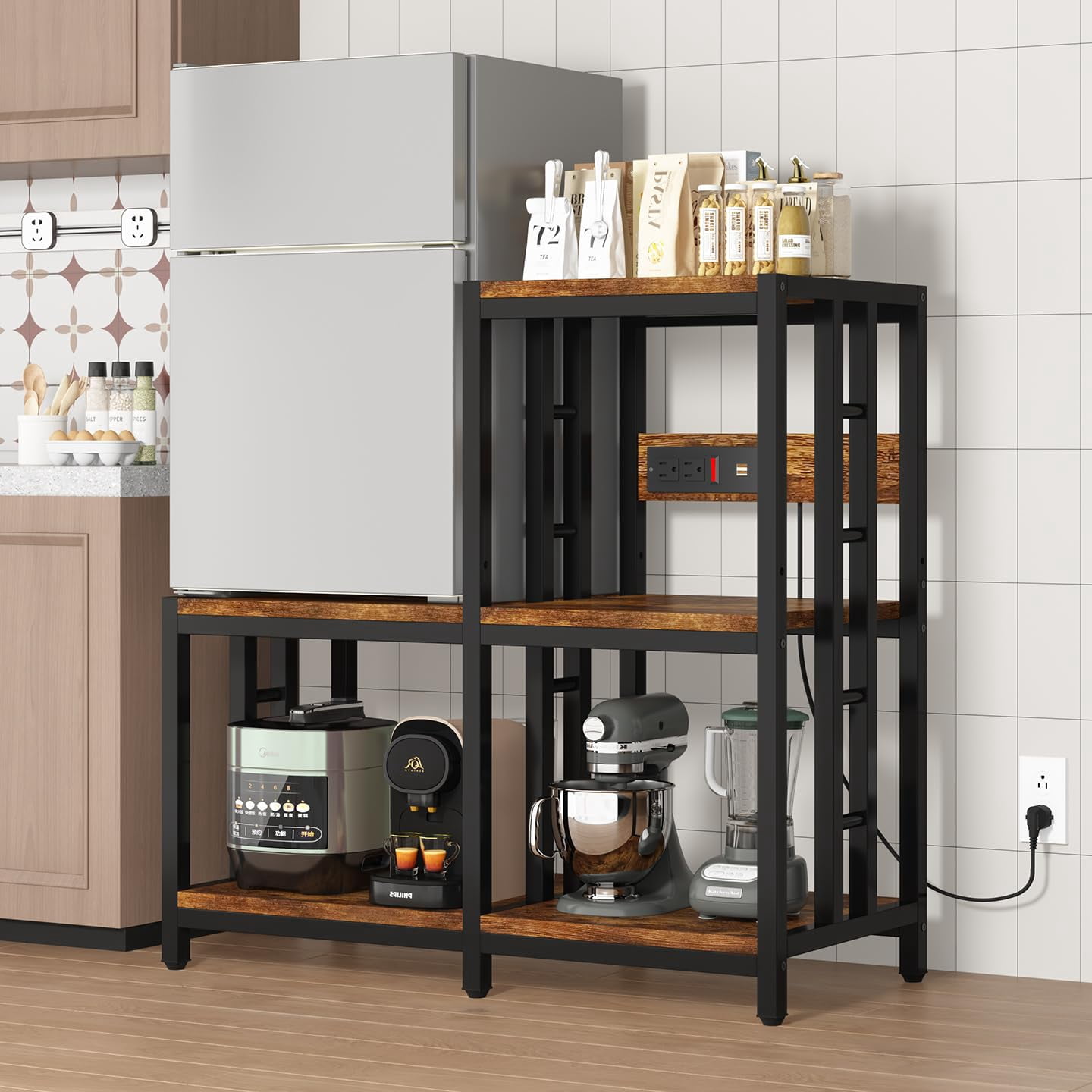 Mini Fridge Stand with Storage with Power Outlet, Microwave Oven Stand, Bakers Rack with Storage Shelf, Mini Fridge Cabinet, Mini Fridge Shelf for Kitchen, Living Room, Office, Patio.(Black)