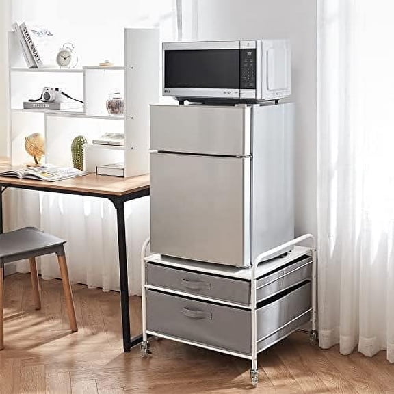 Mini-Fridge Stand on Wheels - Supreme Organization - White Metal Frame with Gray Drawers$$Home Decor, Kitchen, & Other