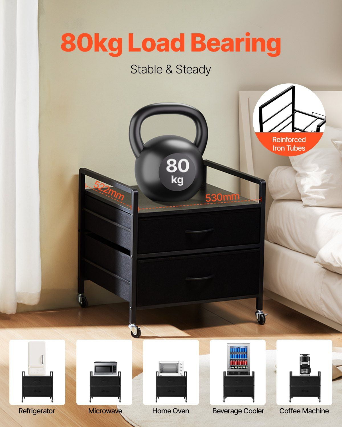 Mini Fridge Stand with 2 Storage Drawers - 176 lbs Weight Capacity, Black Design