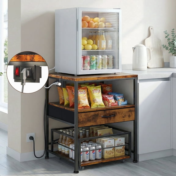 Mini Fridge Stand with Drawer Storage and Power Outlet, Heavy Duty Mobile Mini Fridge Shelf with Wheels, Beverage Refrigerator Table Stand,Brown