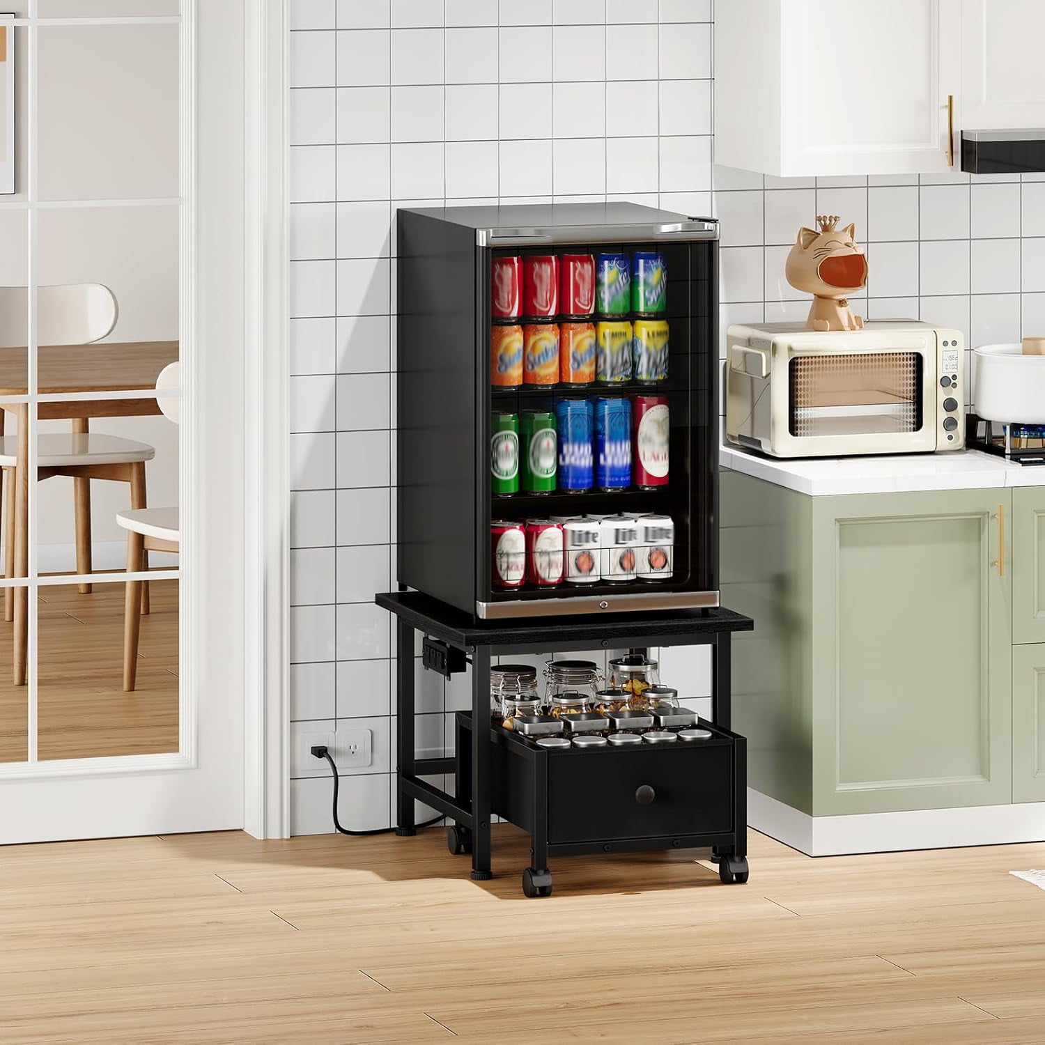 Mini Fridge Stand with Non-Woven Storage Basket and Power Outlet, Mobile Fridge Shelf for Home Apartment Dorm Black