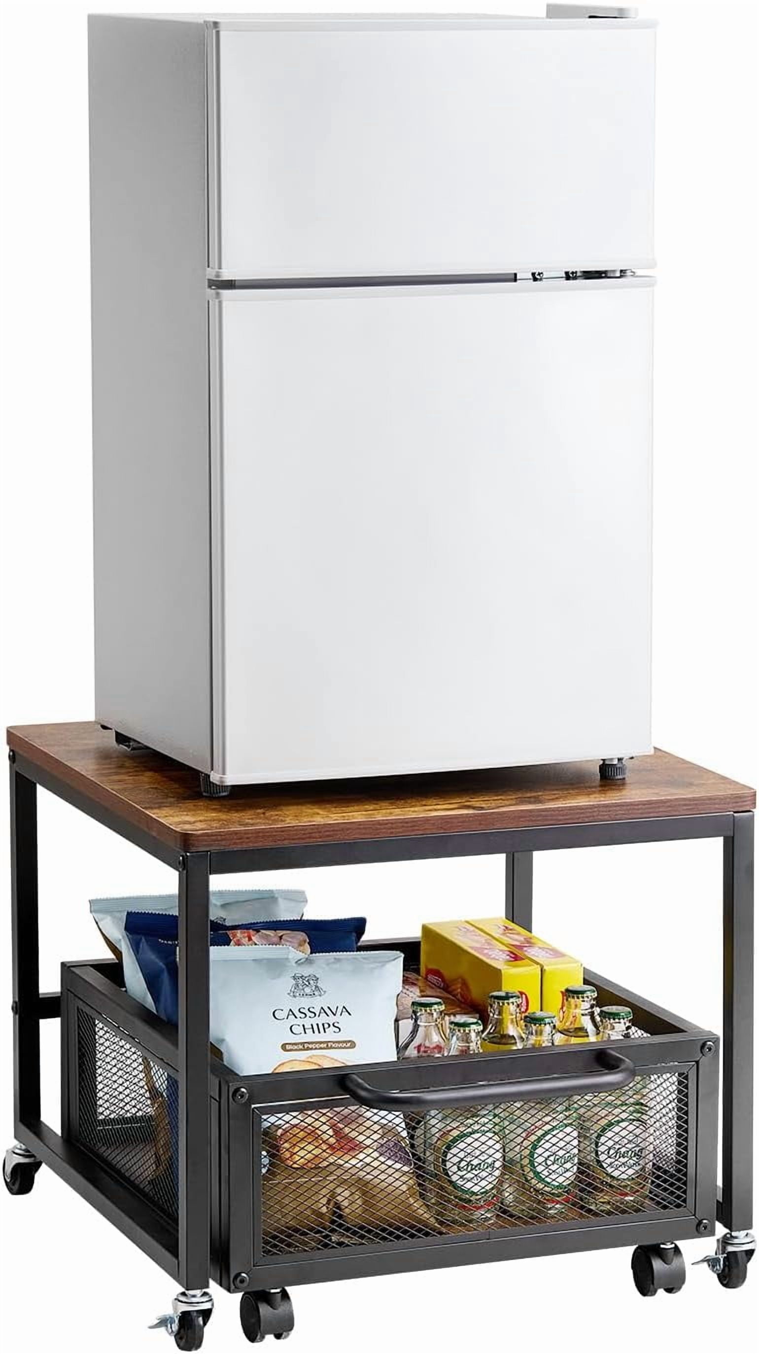 Mini Fridge Stand with Storage, 198 lbs Mini Fridge Table with Movable Cart & Swivel Wheels, Beverage Refrigerator Stand for Coffee Bar, Home, Dorm