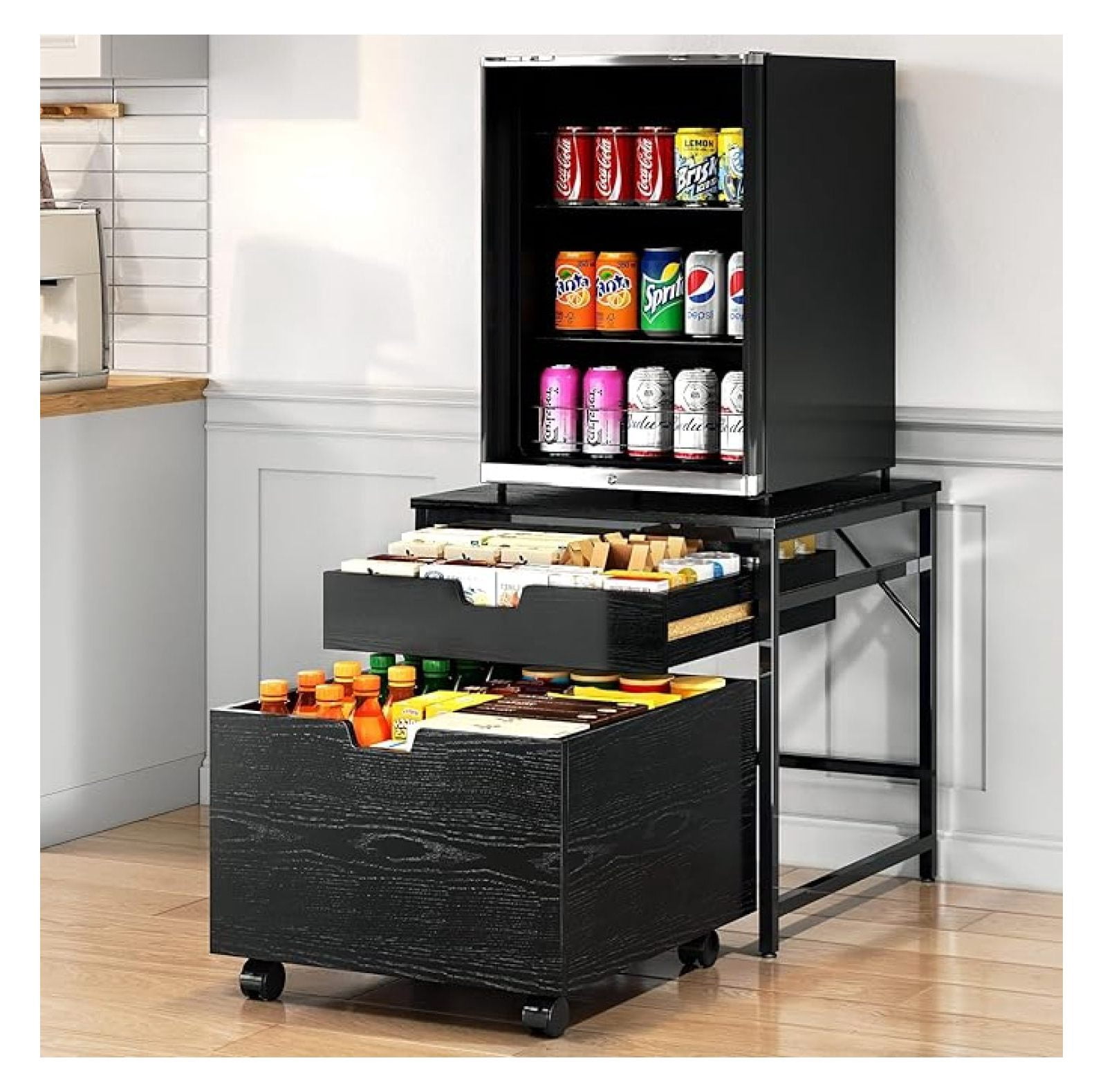 Mini Fridge Stand with Storage, 21.5” Refrigerator Table with Lockable Wheels, Compact Beverage Cooler Stand Cabinet, 300lb Capacity, Dorm Office