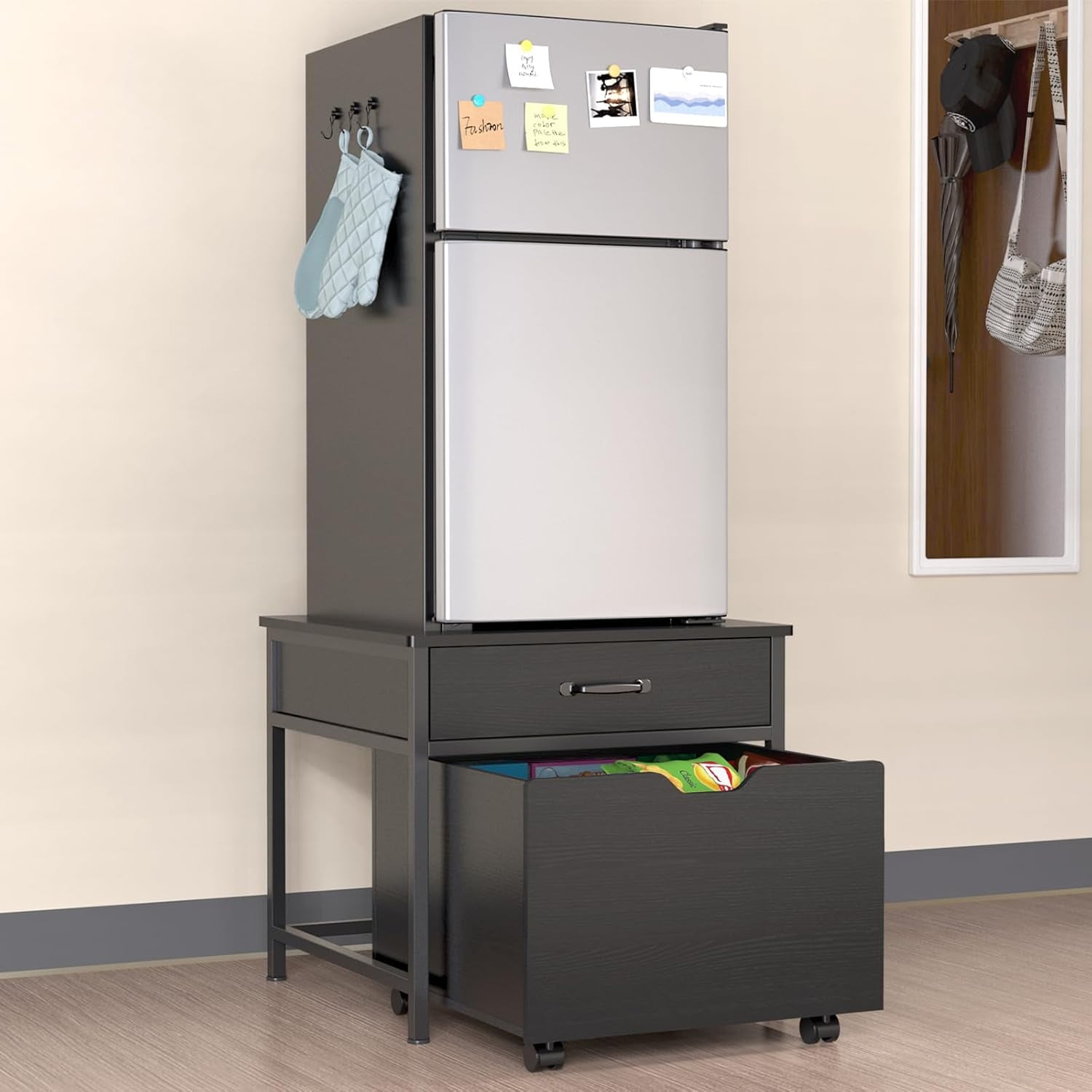 Mini Fridge Stand with Storage, Heavy Duty Mini Fridge Table with Rolling Cabinet 220LBS Capacity Tabletop for Dorm, Apartment,Office, Bedroom