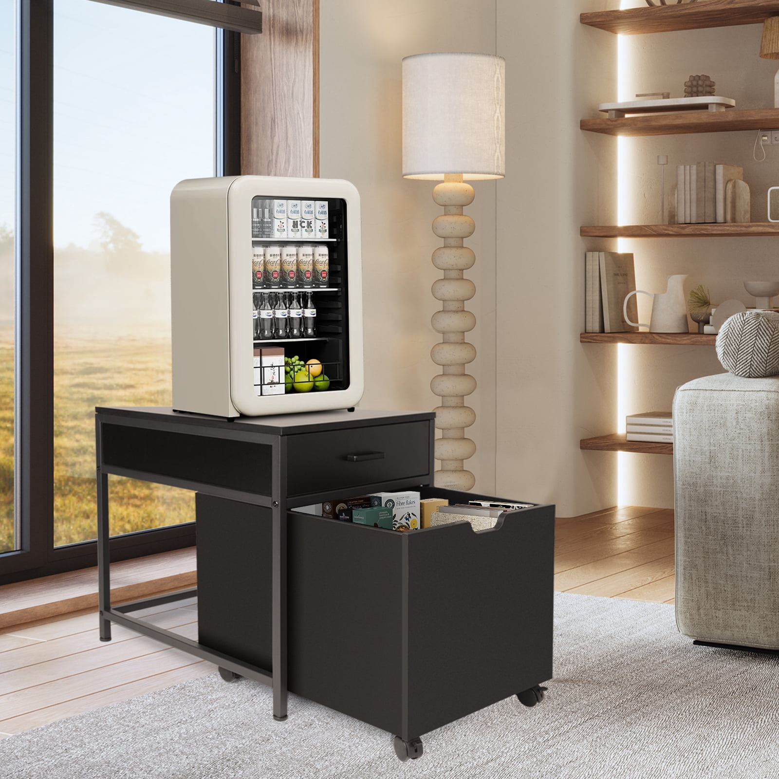 Mini Fridge Stand with Storage, Heavy Duty Mini Fridge Table with Rolling Cabinet 220LBS Capacity Tabletop for Dorm, Apartment,Office, Bedroom