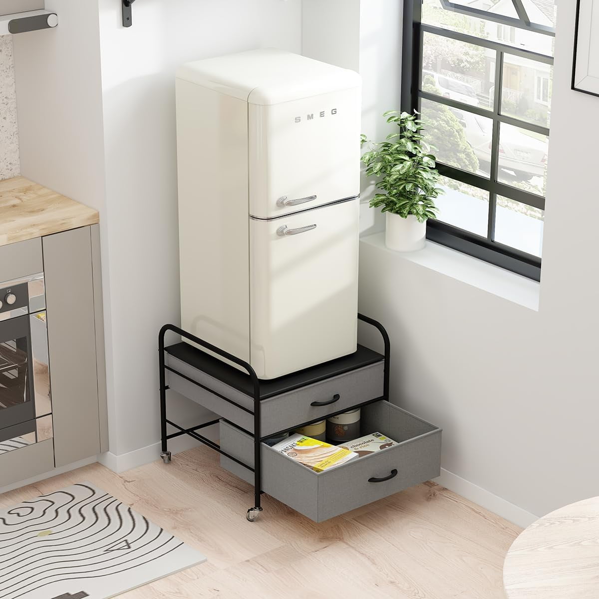Mini Fridge Stand with Storage, Kitchen Refrigerator Organizer Cart with Metal Frame Wooden Tabletop and 4 Swivel Wheels for Dorms