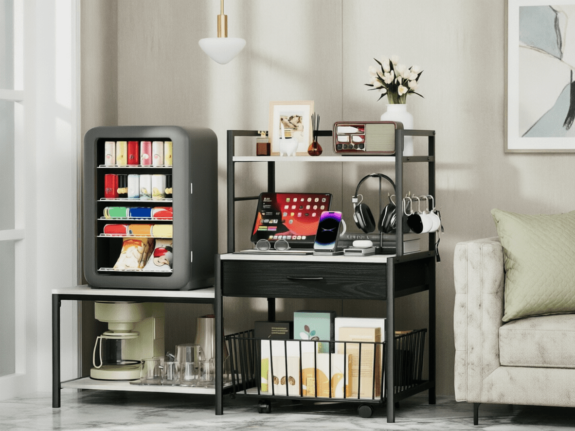 Mini Fridge Stand with Storage, Mini Refrigerator Stand with Movable Storage Basket