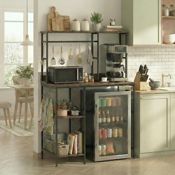 Mini Fridge Stand with Storage Shelves Coffee Bar with Power Outlets Wine Cabinet with 10 Hooks for Dining Room, Living Room, Rustic Brown