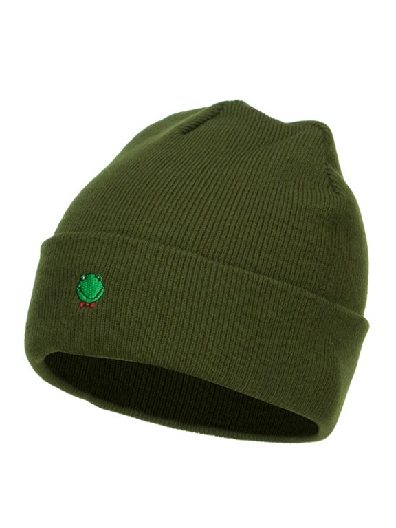 Mini Frog Embroidered Long Beanie - Olive OSFM