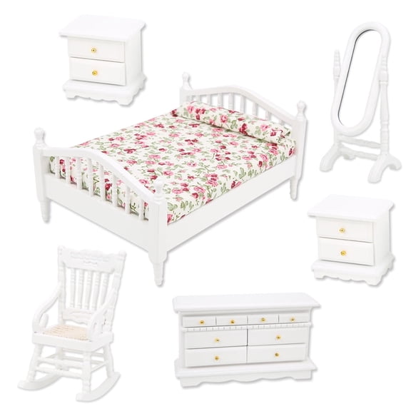 Mini Furniture Doll House Bed, 1:12 Mini Furniture Double Bed Long Mirror Bedside Table Chair Cabinet Doll House Accessories