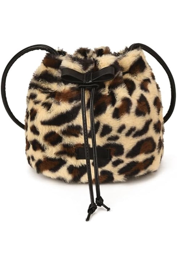Mini Fuzzy Leopard Print Drawstring Bucket Bag for Women, Crossbody Shoulder Purse blake 1 PCS(DSF)