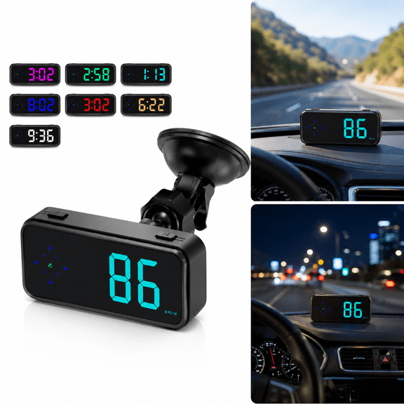 Mini GPS Head Up Display HUD Digital Speedometer, Universal Car Windshield Dashboard Display, MPH/KMH Speed, Compass, Clock, 7 Color LED, USB Powered for All Vehicles
