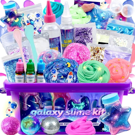 Mini Galaxy Slime Kit for Kids Ages 812, Making Butter Slime,Sparkling,Crunchy,Jelly Cubes Slime,Stress Relief Toys,Craft,DIY with Glow-in-The-Dark Stickers,Christmas for Boys&Girls
