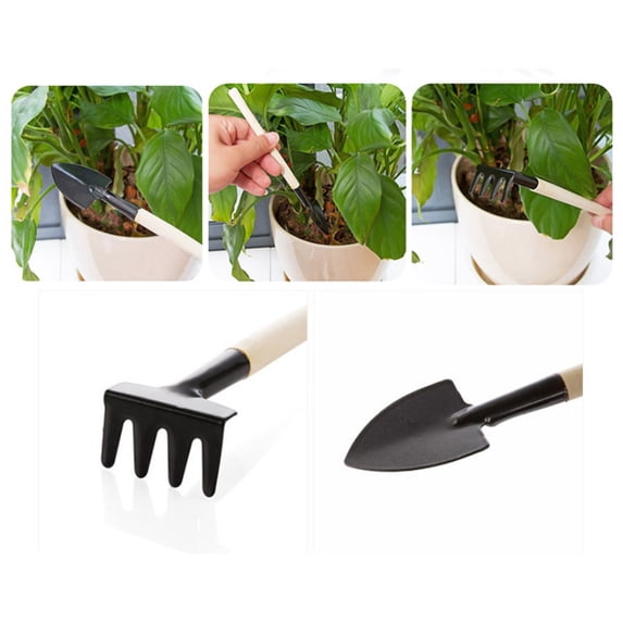 Mini Gardening Tool Set, 3 Piece Metal Hand Tools with Wooden Handles for Planting