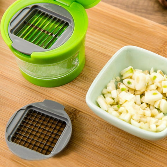 Mini Garlic Chopper and Press, Multi-Function Ginger Garlic Grinder, Vegetable Fruit Dicer, Kitchen Gadget, Plastic & Stainless Steel, Green, 7.5x7.5x6cm