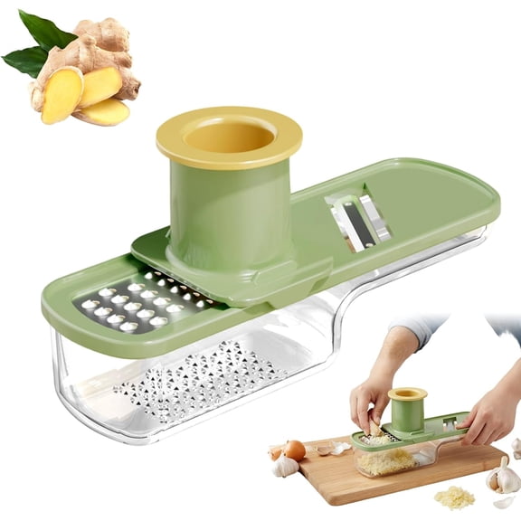 Mini Garlic Grinder, 3 in 1 Garlic Slicer & Press with Stainless Steel Blades & Collection Container, Portable Kitchen Tool for Garlic Ginger Onion