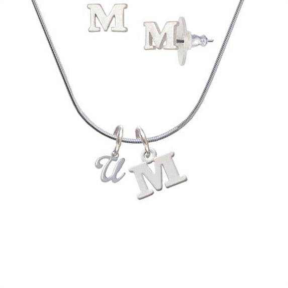 Mini Gelato Script Initial - U - - M Initial Charm Necklace and Stud Earrings Jewelry Set
