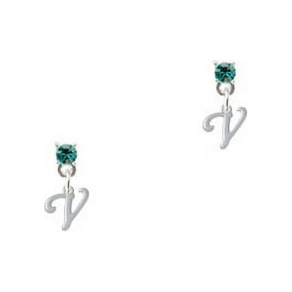 Mini Gelato Script Initial - V - Teal Crystal Post Earrings