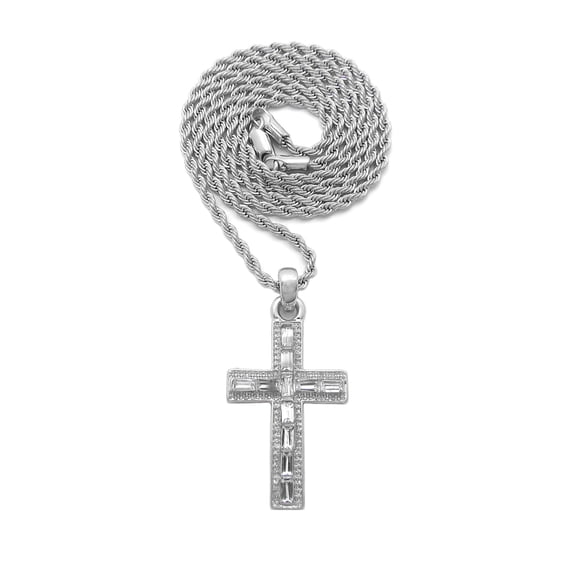 Mini Gemstone Cross Pendant Pendant with 3mm Rope Chain Necklace, Silver-Tone, 24"