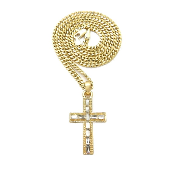 Mini Gemstone Cross Pendant Pendant with 4mm Cuban Chain Necklace, Gold-Tone, 24"